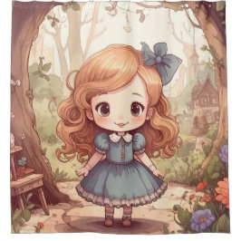 Cute Alice in Wonderland Whimsical Woodland Art シャワーカーテン