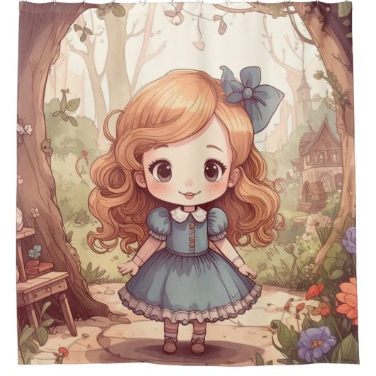 Cute Alice in Wonderland Whimsical Woodland Art シャワーカーテン (正面)