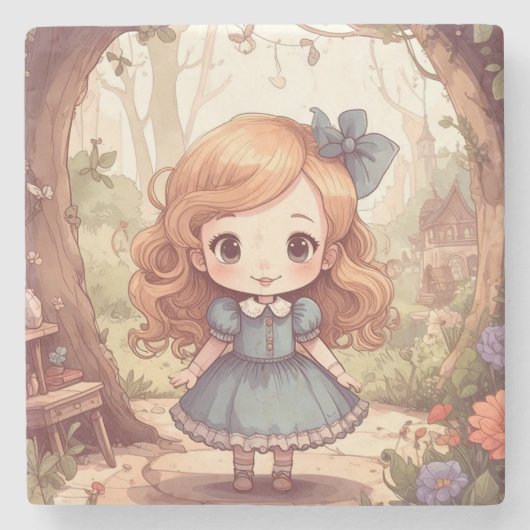 Cute Alice in Wonderland Whimsical Woodland Art ストーンコースター (正面)