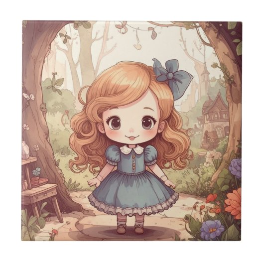 Cute Alice in Wonderland Whimsical Woodland Art タイル (正面)