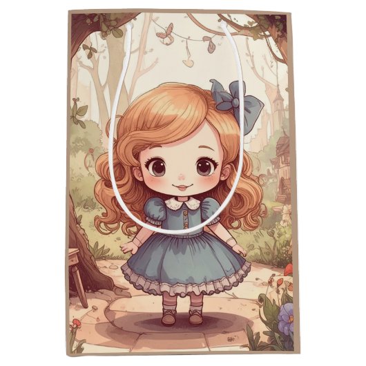 Cute Alice in Wonderland Whimsical Woodland Art ミディアムペーパーバッグ (正面)
