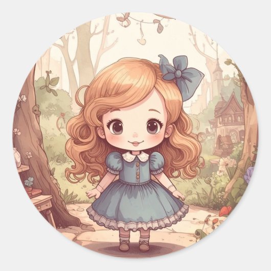 Cute Alice in Wonderland Whimsical Woodland Art ラウンドシール (正面)