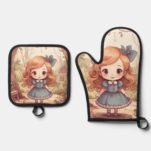 Cute Alice in Wonderland Whimsical Woodland Art 鍋つかみ&鍋敷きセット (正面)