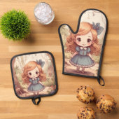 Cute Alice in Wonderland Whimsical Woodland Art 鍋つかみ&鍋敷きセット (トップダウン)