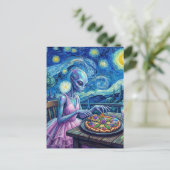 Cute Alien in Pink Dress Eats Pizza Faux Van Gogh ポストカード (スタンド正面)