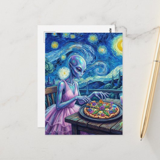 Cute Alien in Pink Dress Eats Pizza Faux Van Gogh ポストカード (正面/裏面インサイチュ)