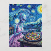 Cute Alien in Pink Dress Eats Pizza Faux Van Gogh ポストカード (正面)