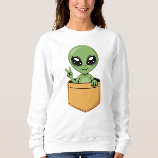 Cute Alien Pocket Peace Sign Funny UFO Space Women スウェットシャツ (正面)