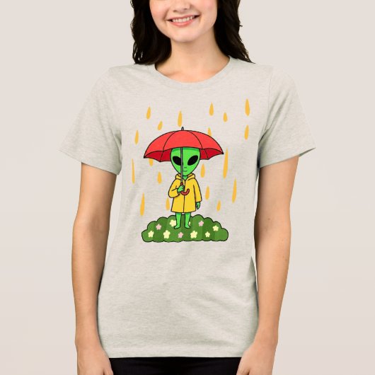 Cute Alien With Umbrella in Rain Space Character トライブレンドＴシャツ (正面)