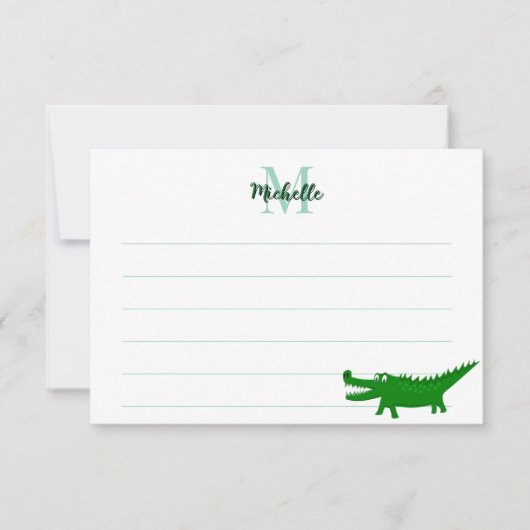 Cute Alligator Drawing Lined Monogram Custom ノートカード (正面)