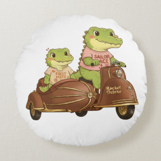 Cute Alligators on Vintage Scooter with Sidecar Il ラウンドクッション