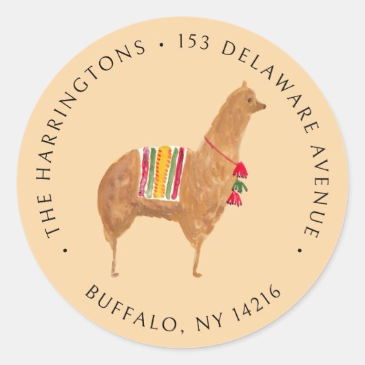 Cute Alpaca Hand-Drawn Animal Return Address ラウンドシール (正面)