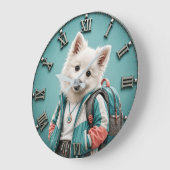 Cute American Eskimo Puppy ラージ壁時計 (傾斜)
