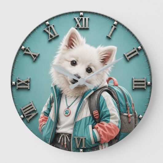 Cute American Eskimo Puppy ラージ壁時計 (正面)