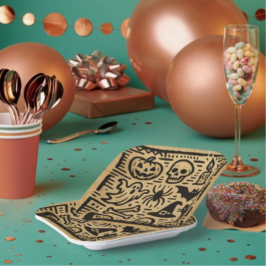 Cute ancient hieroglyph pumpkin and bat Halloween ペーパープレート (複数)