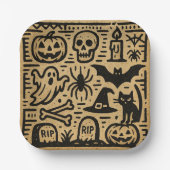 Cute ancient hieroglyph pumpkin and bat Halloween ペーパープレート (正面)
