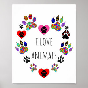 Cute and Colorful I Love Animals Poster 8X10" ポスター
