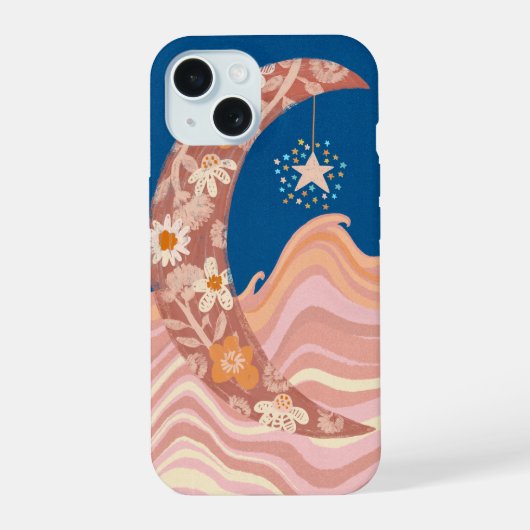 Cute and funky moon, stars and waves phone case. iPhone 15ケース (裏面)