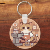 Cute and Funny Cozy Cartoon Barista Cat  キーホルダー (正面)