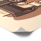 Cute and Funny Cozy Cartoon Barista Cat Poster ポスター (角)