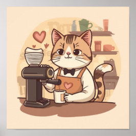 Cute and Funny Cozy Cartoon Barista Cat Poster ポスター