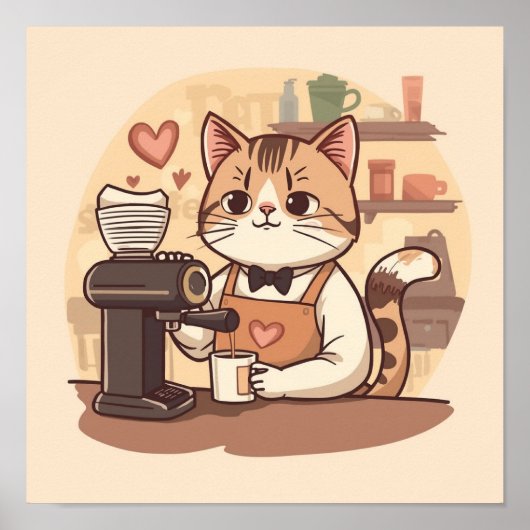Cute and Funny Cozy Cartoon Barista Cat Poster ポスター (正面)