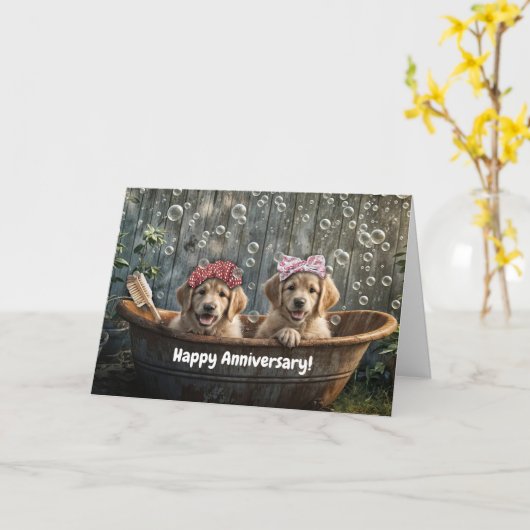 Cute and Funny Happy Anniversary with Two Dogs  カード (黄色い花)