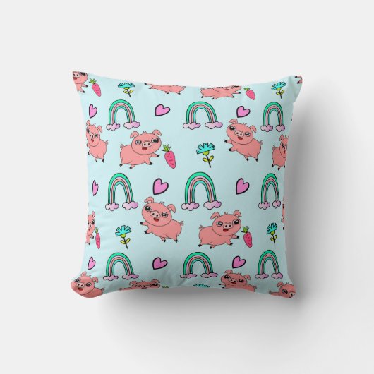 Cute and Quirky Pigs and Rainbows Pattern クッション (正面)