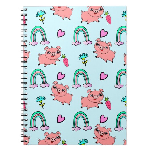 Cute and Quirky Pigs and Rainbows Pattern ノートブック (正面)