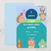 Cute Animal 3rd Birthday for Boys Editable 招待状 (正面/裏面)
