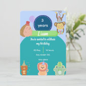 Cute Animal 3rd Birthday for Boys Editable 招待状 (スタンド正面)