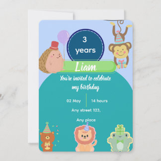 Cute Animal 3rd Birthday for Boys Editable 招待状