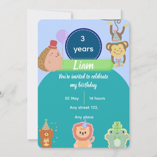 Cute Animal 3rd Birthday for Boys Editable 招待状 (正面)