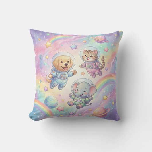Cute Animal Astronauts Galaxy Throw Pillow クッション (正面)