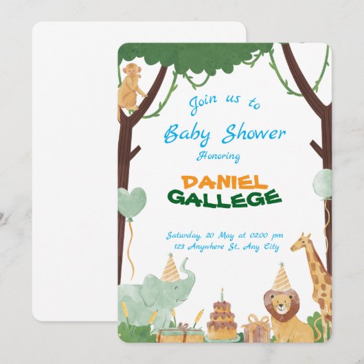 Cute Animal Baby Shower Invitation – Jungle & Safa 招待状 (正面/裏面)