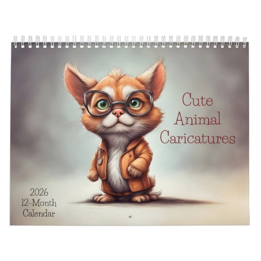 Cute Animal Caricatures 2026 Calendar 12 Months カレンダー (カバー)