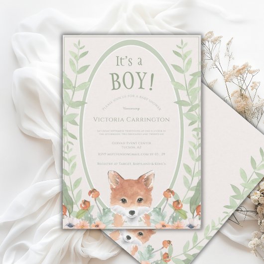 Cute Animal Fox Watercolor Greenery Baby 招待状