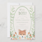 Cute Animal Fox Watercolor Greenery Baby 招待状 (正面)