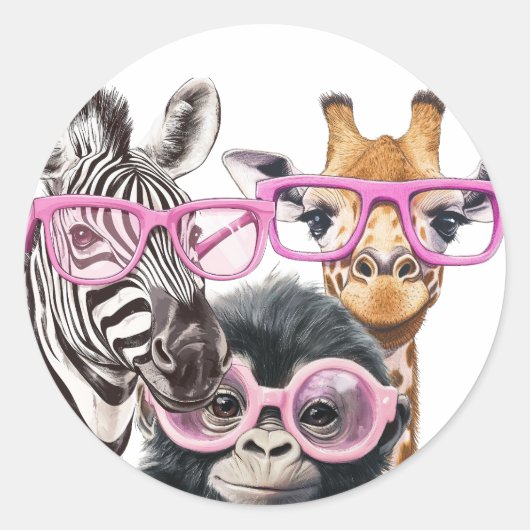 Cute Animal Friends Sticker – Zebra Giraffe Monkey ラウンドシール (正面)