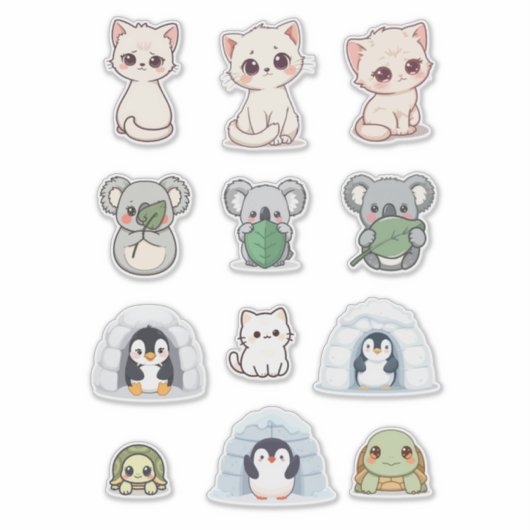 Cute Animal & Igloo Sticker Kit – Cartoon Creature シール (正面)