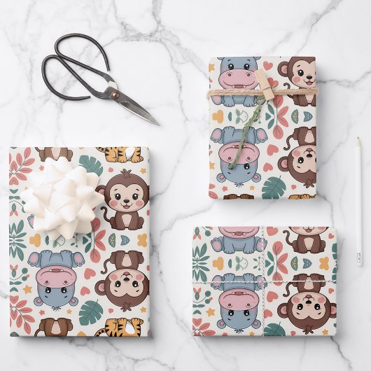 Cute animal pattern features monkeys ラッピングペーパーシート
