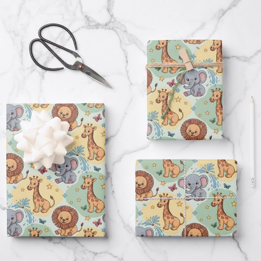 Cute animal pattern featuring lions, giraffes ラッピングペーパーシート