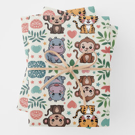 Cute animal pattern with monkeys, tigers ラッピングペーパーシート