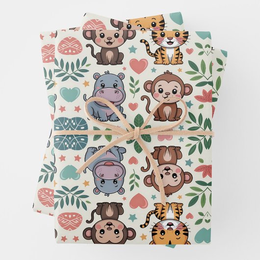 Cute animal pattern with monkeys, tigers ラッピングペーパーシート