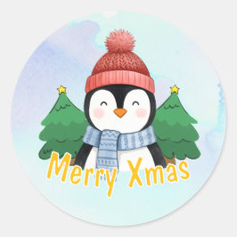 Cute Animal Penguin Blue Watercolor Merry Xmas ラウンドシール
