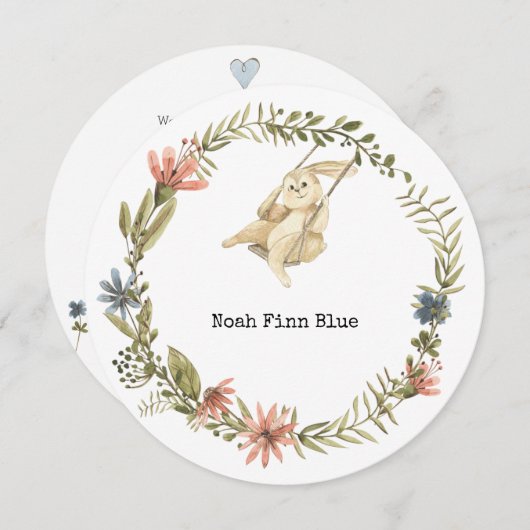 Cute Animal Rabbit Baby Boy Announcement Card 招待状 (正面/裏面)