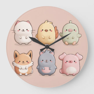 Cute Animal Wall Clock – Adorable Cartoon Animal W ラージ壁時計