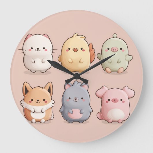 Cute Animal Wall Clock – Adorable Cartoon Animal W ラージ壁時計 (正面)