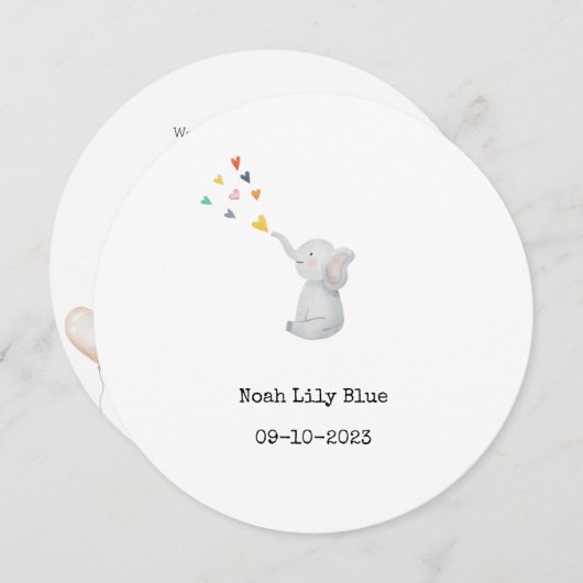 Cute Animal Watercolor Elephant Hearts Card 招待状 (正面/裏面)