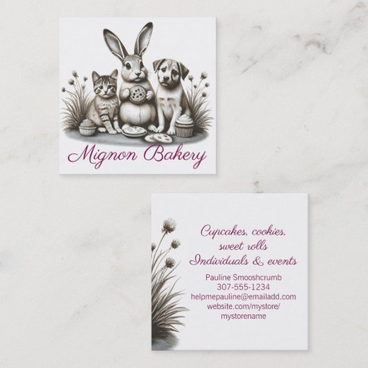 Cute animals bunny cat eating cookie baking bakery スクエア名刺 (正面/裏面)